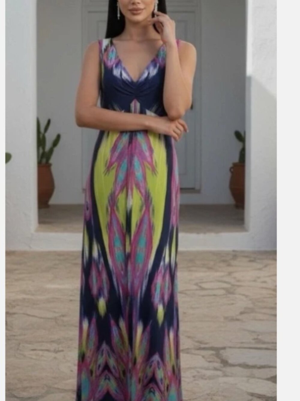 CHICO’S Maxi Dress Size 0 Sleeveless Colorful Print V-Neck tropical summer